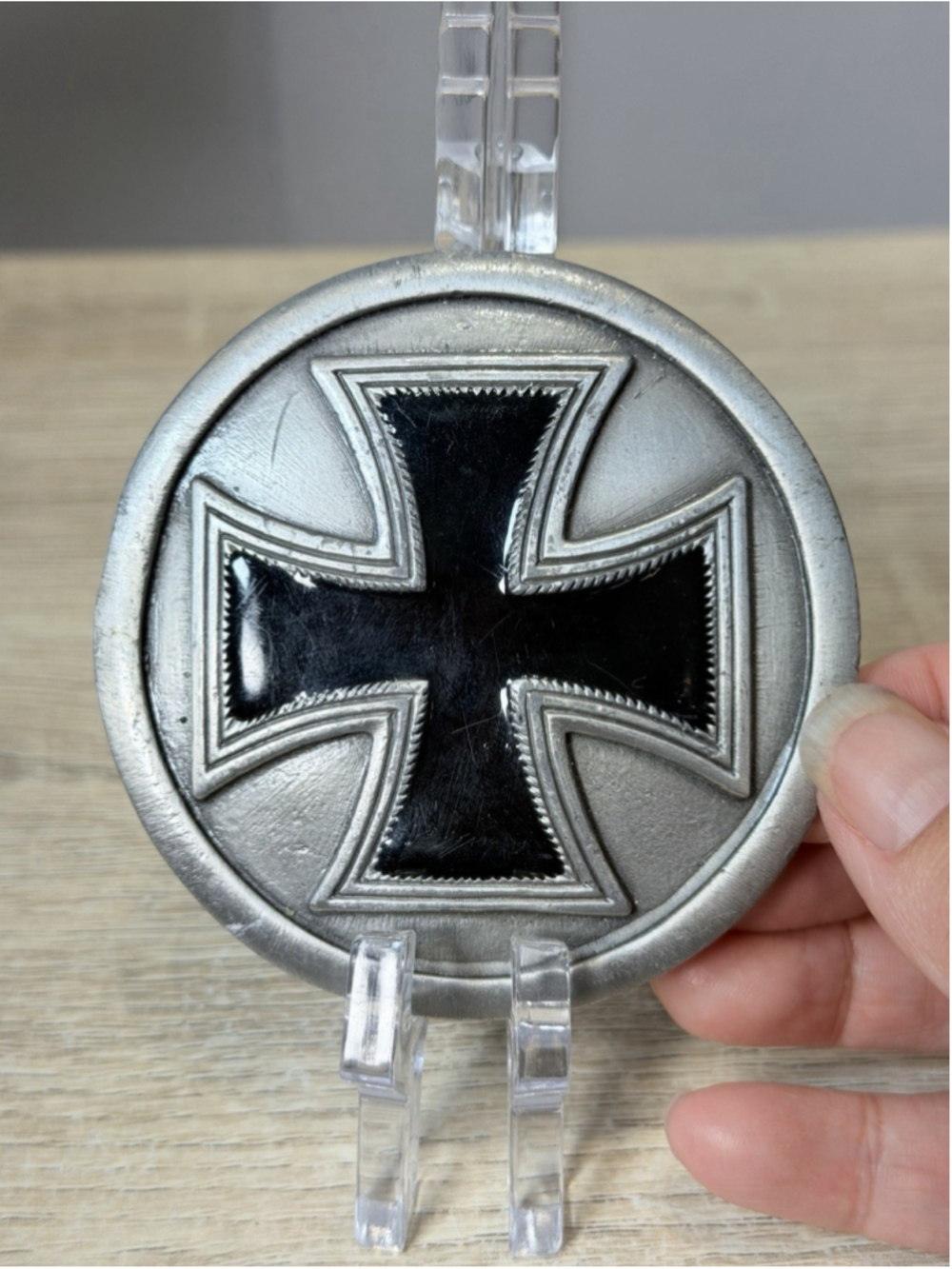 Vintage buckle Iron Cross black enameled design pewter colored circular buckle